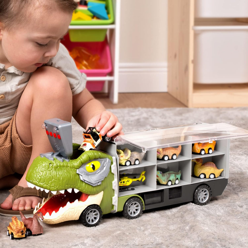 13 in 1 Dinosaur Toys for Kids 3-5, Dinosaur Truck with 12 Pull Back Cars