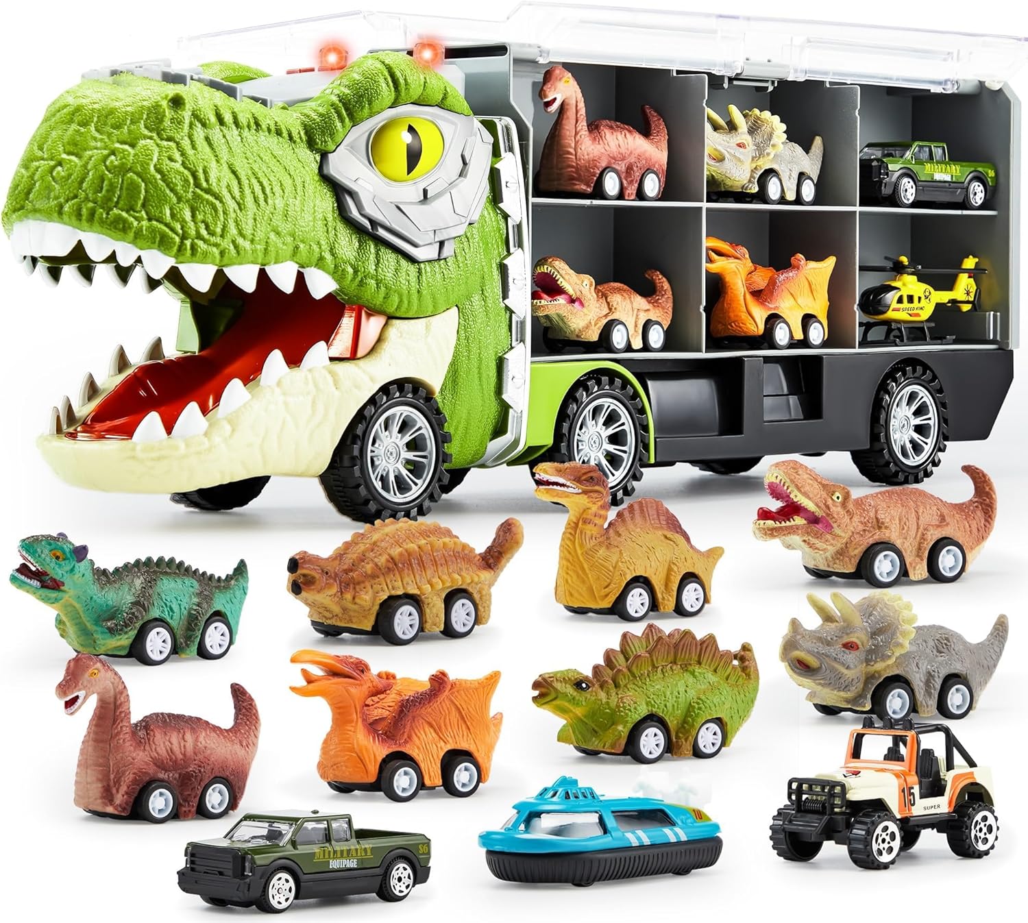 13 in 1 Dinosaur Toys for Kids 3-5, Dinosaur Truck with 12 Pull Back Cars