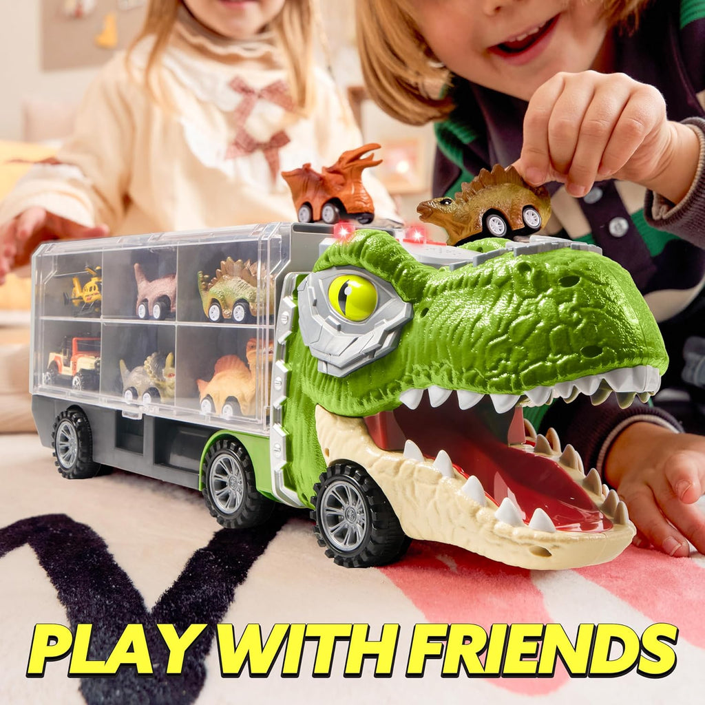 13 in 1 Dinosaur Toys for Kids 3-5, Dinosaur Truck with 12 Pull Back Cars